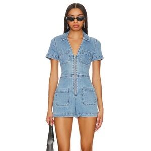 Show Me Your MuMu Light Blue Denim Short Zip Romper